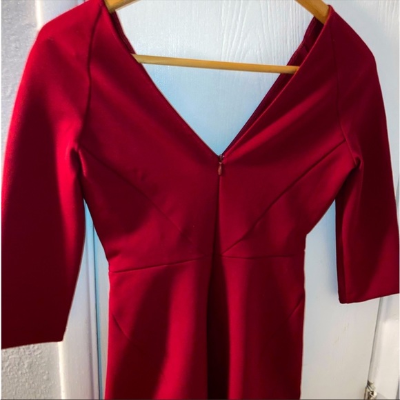 ZARA WOMAN Deep Red V-Neckline 3/4 Sleeve Bodycon Mini Dress XS - Picture 3 of 4